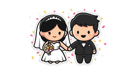 Happy cartoon bride and groom celebrating wedding day with confetti