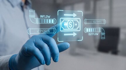 Businessman in blue gloves interacting with financial data interface