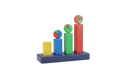 3D bar chart with pie charts on top indicating growth on transparent background