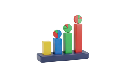 3D bar chart with pie charts on top indicating growth on transparent background