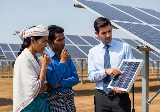 Solar energy engineer explaining photovoltaic panel to rural farmers at solar power plant, renewable energy training, sustainable development and clean electricity concept