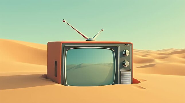 Surreal conceptual illustration of a vintage television half buried in endless sand dunes, screen reflecting the empty desert, symbolizing media obsolescence and lost communication, cinematic lighting