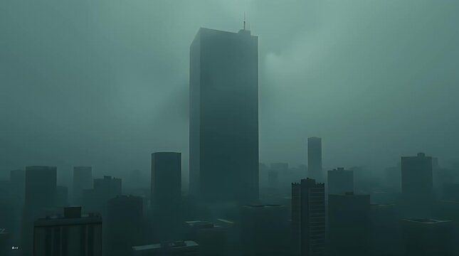 Dark surreal urban illustration of a tall office building with no windows standing alone in a foggy cityscape, symbolizing emotional numbness and corporate isolation, cinematic low light, minimal comp