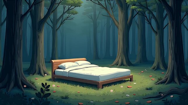 Surreal editorial illustration of a neatly made bed placed in the middle of a dense forest, symbolizing restlessness, overthinking, and inability to rest, soft diffused light, minimal composition, no 