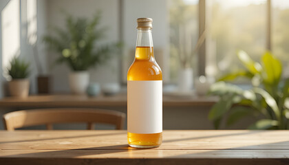 A premium mockup of a clear glass bottle filled with a golden amber liquid, featuring a clean white blank label. The bottle is placed on a wooden dining table in a bright, airy room with lush green 