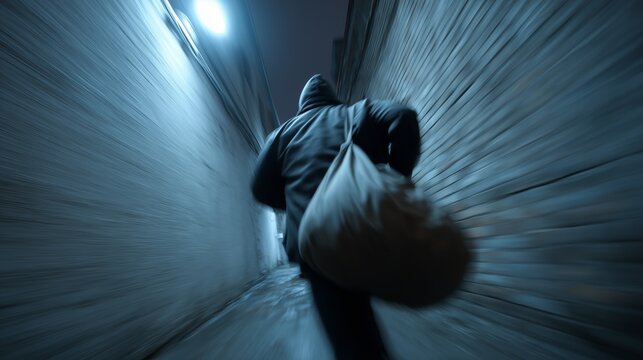 Hooded man running in alley. Male figure with bag fleeing down narrow urban passage at night, motion blur, blue tint, crime concept.