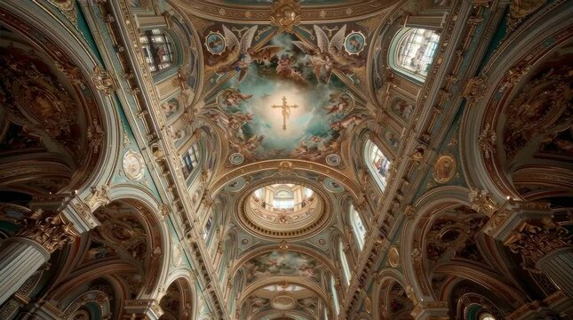 Baroque Ceiling Fresco of Angels and Cross