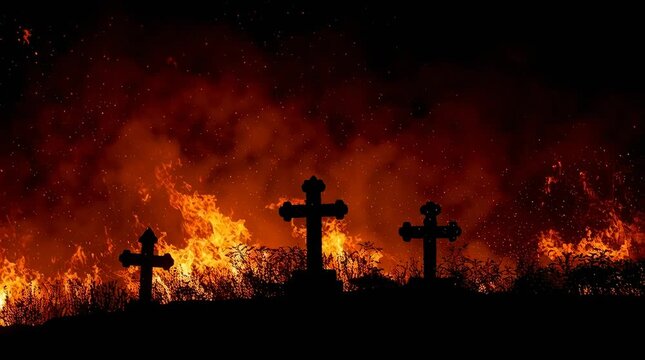 Three Cross Silhouettes Against Raging Fire