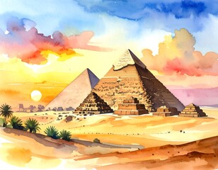 Watercolor painting of Egyptian pyramids at sunset