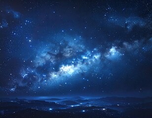Vast celestial scene featuring a star-filled night sky over distant terrain