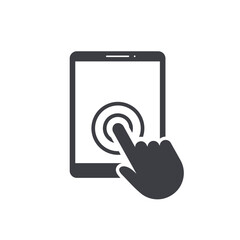 Hand touch tablet pc. Clicking on blank screen with finger. Arm using digital device, touching, pointing, pressing on display with forefinger.