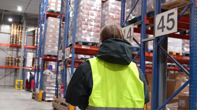 Logistics manager wearing a safety vest and warm jacket walking through a large, refrigerated industrial warehouse with racks full of goods