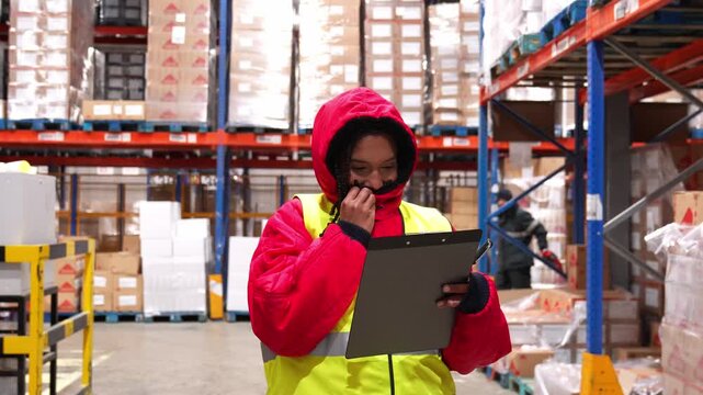 Young woman in a red freezer jacket and safety vest checking stock in a refrigerated warehouse. She is holding a clipboard and a pen