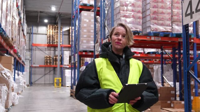 Female worker in a safety vest using a tablet for inventory management in a large, cold storage logistics warehouse with high shelves