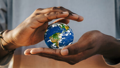 Hands Gently Cupping the Earth Globe Representing Global Care and Environmental Conservation with Natural Lighting Outdoors