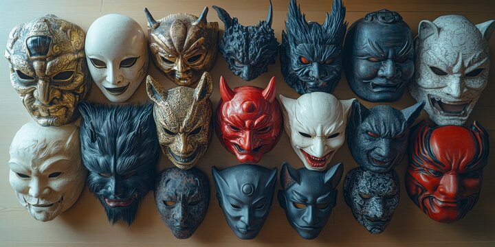 Japanese masks representing demons, gods, and spirits from folklore