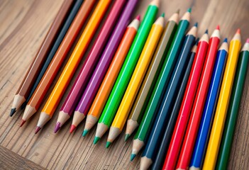 Fototapeta premium Vibrant colored pencils arranged on a wooden table, eraser, school