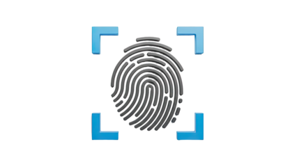3D Fingerprint Scan Icon with Blue Corner Markers on transparent background