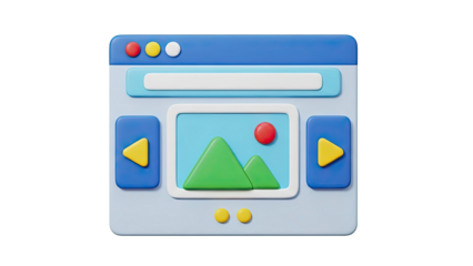 3D Cartoon Browser Window with Image and Play Buttons on transparent background