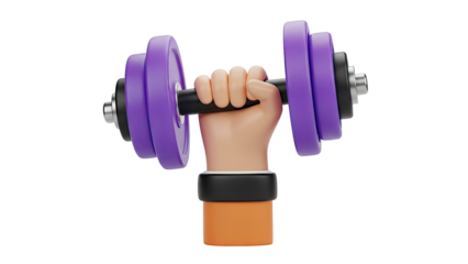 3D Cartoon hand holding a dumbbell on transparent background