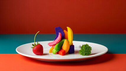 Colorful Culinary Creation: An artful arrangement of vibrantly colored, geometrically shaped fruits and vegetables sits elegantly on a white plate, alongside a ripe strawberry and fresh green sprig.