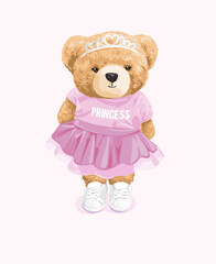 cute bear doll in princess t shirt and diamond crown vector illustration