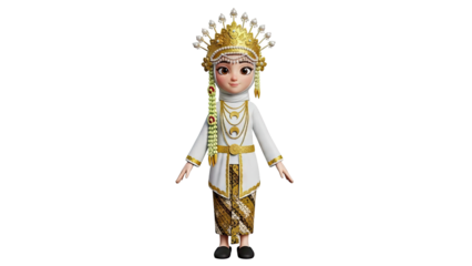 3D Cartoon Bride in Traditional Indonesian Wedding Attire on transparent background
