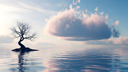Solitary Tree of Reflection: A lone tree, stripped bare of its leaves, stands serenely in a tranquil body of water, its silhouette mirrored perfectly against a backdrop of ethereal clouds and sky.
