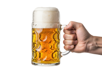 hyper-realistic studio close-up of a traditional bavarian dimpled masskrug with effervescent golden hefeweizen and creamy white foam. mature man's hand firmly grips the glass handle. isolated on