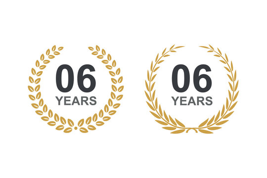 6th anniversary laurel wreath. 6 years anniversary floral laurel wreath. 6th Anniversary icon or logo with laurel wreath. 6 years celebration label