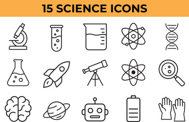 Collection of 15 science icons including microscope DNA and rocket flat vector design for educational and technology concepts isolated on white background