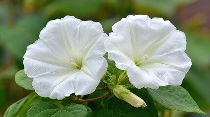 Obraz premium Close up of two white flowers with green leaves in natural daylight