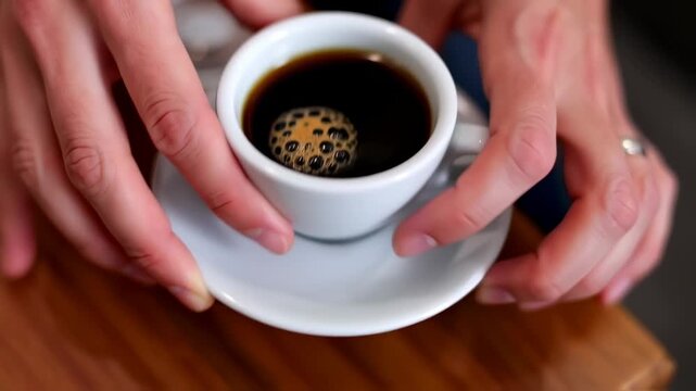 A close-up of a small white coffee cup filled with dark coffee, showing a circular pattern of coffee crema