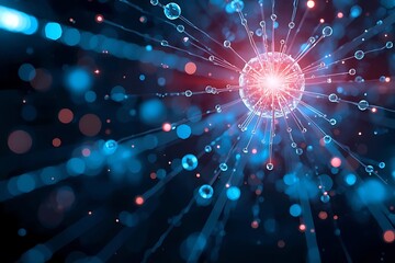 A vibrant and dynamic illustration of a glowing orb surrounded by radiant lines and colorful orbs