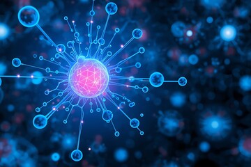 A vibrant digital illustration of a pink and blue network node with glowing connections