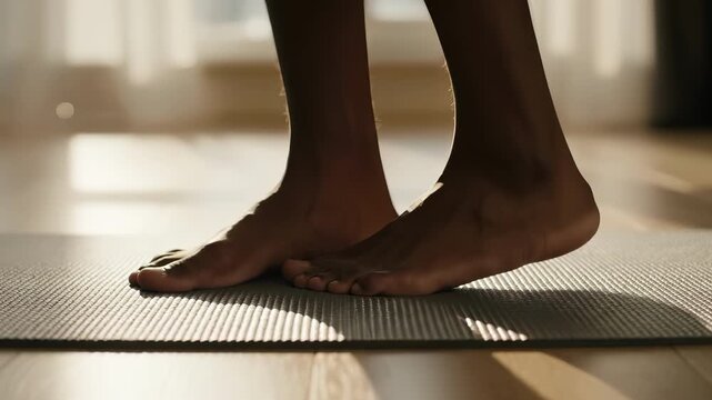 Close-up bare feet stepping textured yoga mat home workout. Person preparing exercise routine morning sunlight. Wellness fitness concept