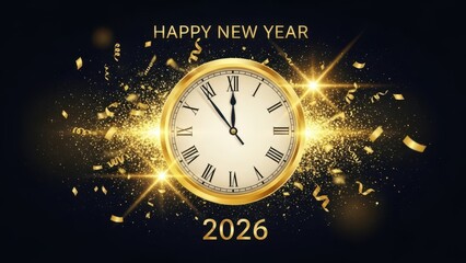 Obraz premium 3D 2026 Happy New Year countdown with golden clock and glitter