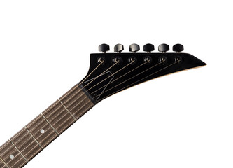 Black electric guitar headstock and neck with strings on white