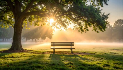 Serene park bench under a tree at sunrise with mist
