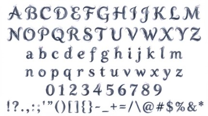 font alphabet in smoky gradient style from a to z numbers punctuation isolated on white background