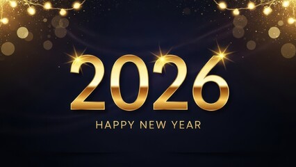 3D 2026 Happy New Year Greeting Banner. Christmas Holiday Dark Banner with Golden numbers