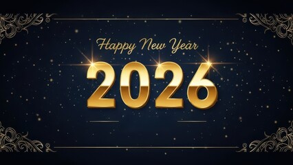 3D 2026 Happy New Year Greeting Banner. Christmas Holiday Dark Banner with Golden numbers