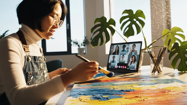 Focused artist participating in a dynamic online painting workshop, honing skills during a virtual art class from her bright home studio