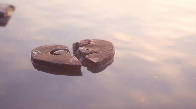 millenary. A broken heart-shaped lock floating on calm water, split in two pieces in soft morning light. wellbeing guides, coaching materials, designed for coaching and self-improvement content.