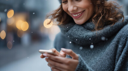 Faceless portrait of smiling woman using mobile phone in city at winter, people communication concept, urban technology use, cold weather connectivity, defocused face, with copy space