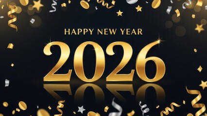 3D 2026 Happy New Year greeting card template with luxury golden numbers