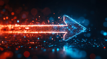 Vibrant glowing arrow points left with digital glitter in a futuristic setting during nighttime