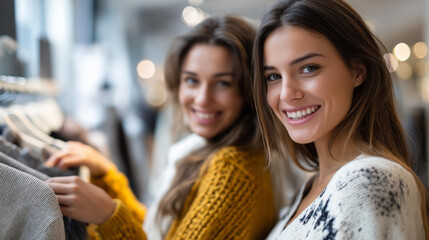 Faceless happy young women spending time together and holding jumpers with graphic pattern in clothing store, friendship shopping experience, retail social activity, defocused people, with copy