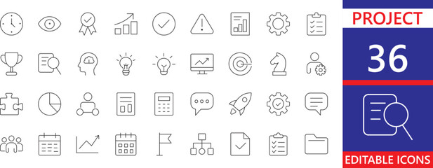Project icon set for project management,  progress, report, task, chart, marketing, clean vector UI