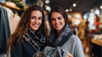 Faceless happy young women spending time together and holding jumpers with graphic pattern in clothing store, friendship shopping experience, retail social activity, defocused people, with copy